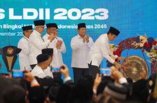 Presiden Jokowi Didampingi Ketua DPP LDII dan Segenap Menteri Membuka Rakernas LDII 2023 dengan Pemukulan Gong